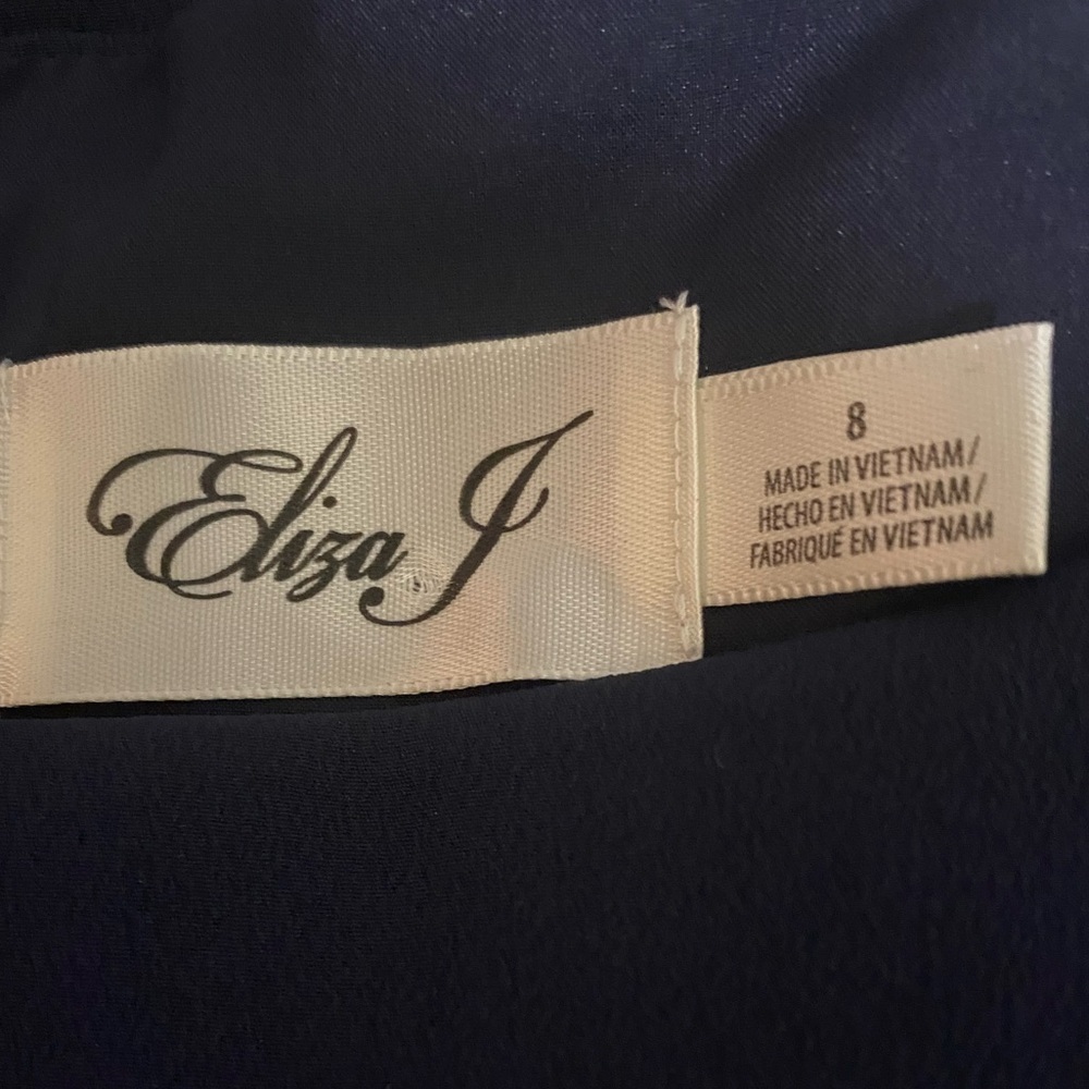 Eliza J Silky Navy Blue Dress Bell Sleeve Sheath Belted Pockets Preppy Office - Picture 15 of 16